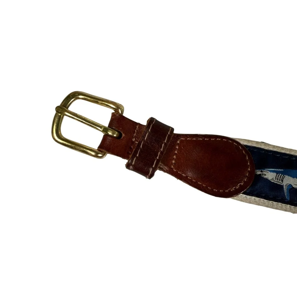 J. Bailey Boys Navy Shark Embroidered Canvas Leather Belt Size 20 Nautical Brass